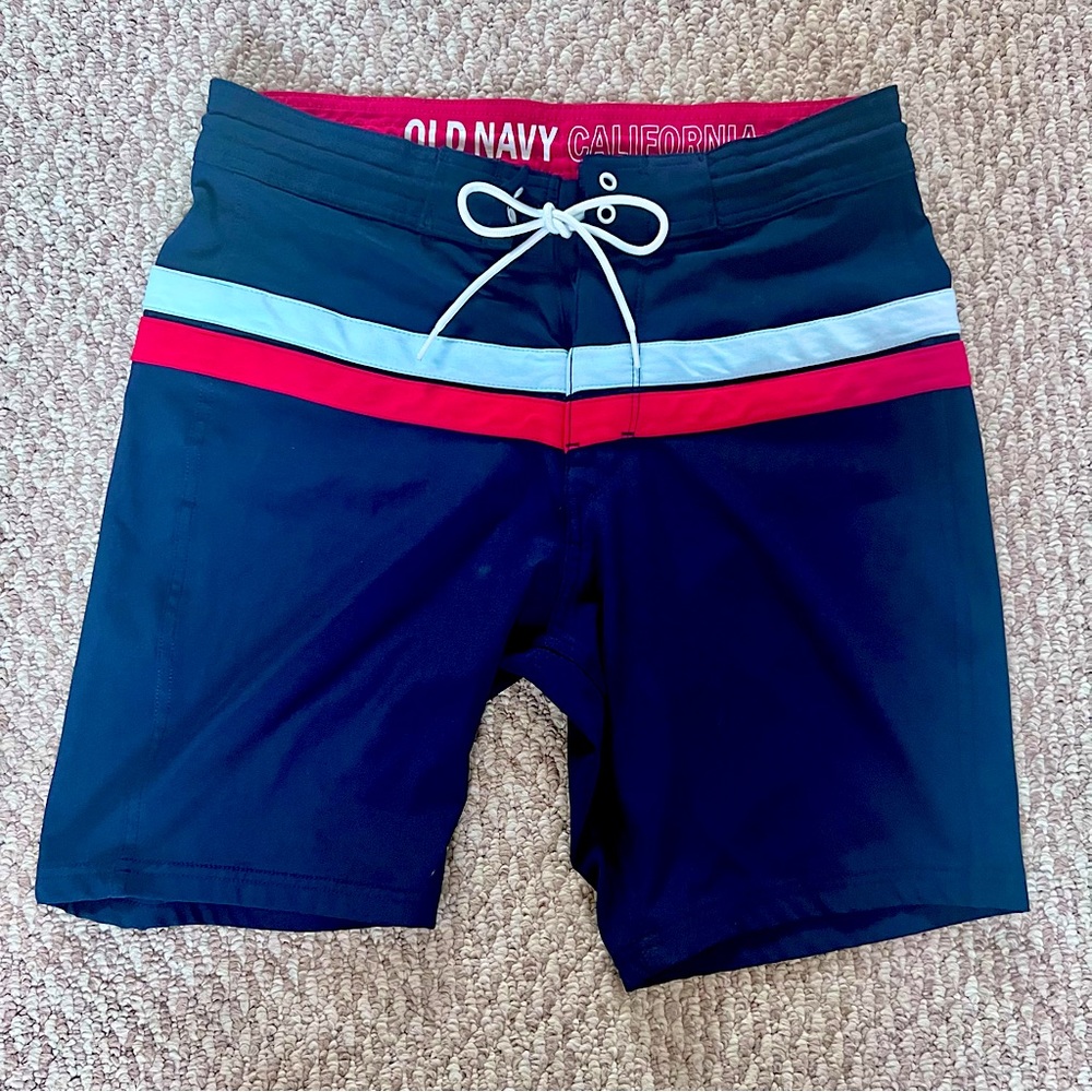 Men's Old Navy Swim Trunks Board Shorts Built in Flex Navy Blue Stripe Size 30